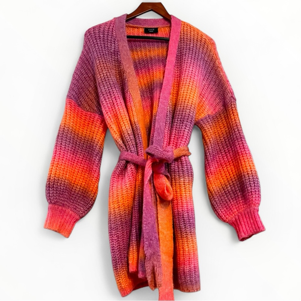 VICI Ombre Knit Belted Cardigan Small Pink Orange Purple Cozy Fall Sweater